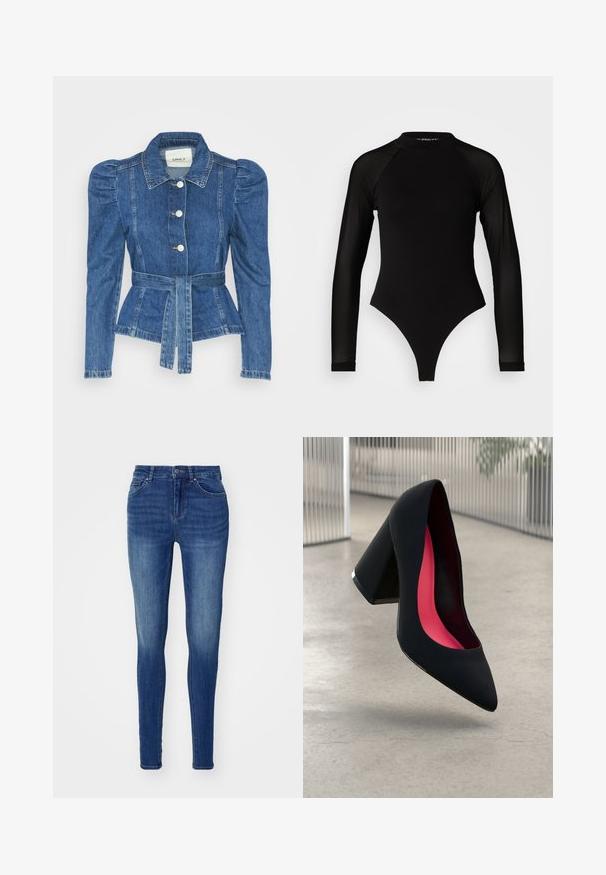 Džínová bunda s opaskom v páse, priliehavým telom a vypúknutými ramenami. Stredne modrá farba, štruktúrovaný dizajn a predné gombíkové zapínanie.; Čierny dlhý rukáv body s vysokým golierom, s pevným látkovým trupom a priehľadnými sieťovinovými rukávmi, navrhnuté v priliehavom strihu.; Modré džínsové skinny nohavice s hladkou textúrou, dizajnom s piatimi vreckami a zapínaním na gombík. Obsahujú vyblednuté oblasti pre opotrebovaný vzhľad.; Čierna lodička na vysokom opätku s špicatou špičkou, štruktúrovaným povrchom a živým ružovým interiérom. Obsahuje robustný opätok so strieborným akcentom.