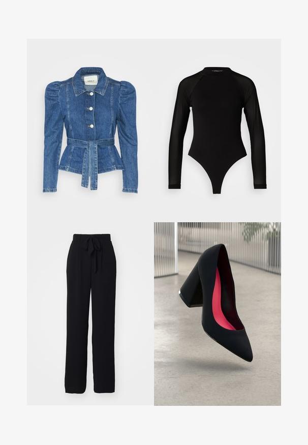 Denim jakna z pasom, prilegajoča bodica in napihnjena ramena. Srednje modra barva, strukturna zasnova in sprednje gumbne zanke.; Črn bodi z dolgimi rokavi in visokim ovratnikom, ki ima trden material na trupu in prosojne mrežaste rokave, oblikovan v prilegajoči se silhueti.; Črne široke hlače iz mehkega blaga. Imajo zavezani pas in sproščen kroj, brez vidnih vzorcev ali dodatkov.; Črne visoke petke z nazobčanim prstom, teksturirano površino in živahnimi rožnatimi notranjimi deli. Imajo robustno peto z srebrnim akcentom.