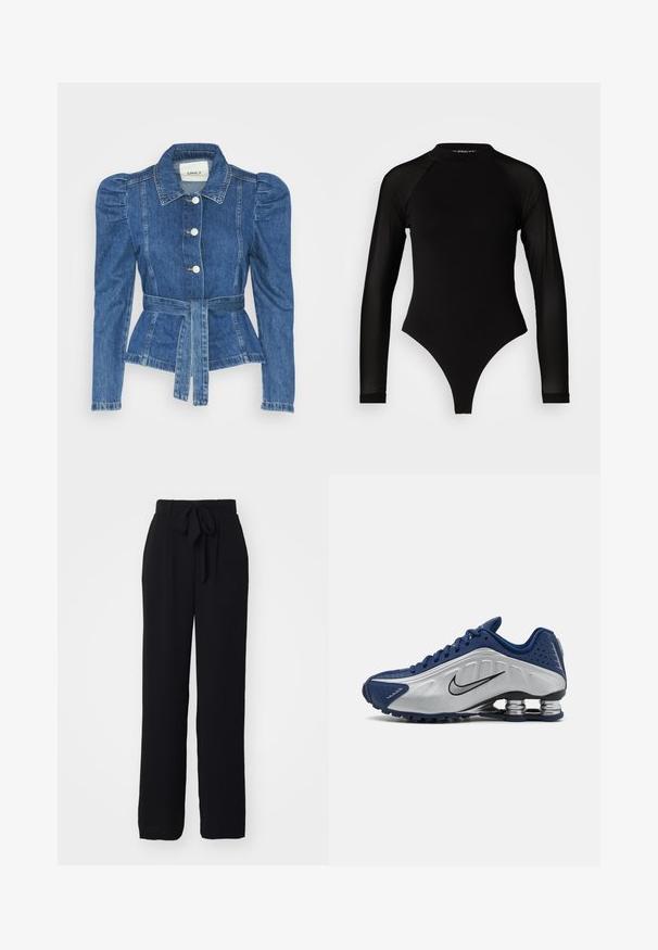 Denimo striukė su dirželiu liemens srityje, prigludusia forma ir pūstomis pečių dalimis. Vidutinio mėlynumo spalva, struktūrizuotas dizainas ir priekiniai mygtukų užsegimai.; Juodas ilgomis rankovėmis bodis su aukštu kaklu, turintis tvirto audinio torso ir permatomų tinklinių rankovių, sukurtas prigludusio silueto.; Juodos, plačios kelnės, pagamintos iš švelnios medžiagos. Su surišamu liemeniu ir laisvu įsilaisvinimu, be matomų raštų ar akcentų.; Mėlynos ir sidabrinės sportinės bateliai su tekstūruotu paviršiumi, perforacijomis ir kreiviu padu, kuriame yra metalinių amortizacijos elementų. Juodas logotipo akcentas.