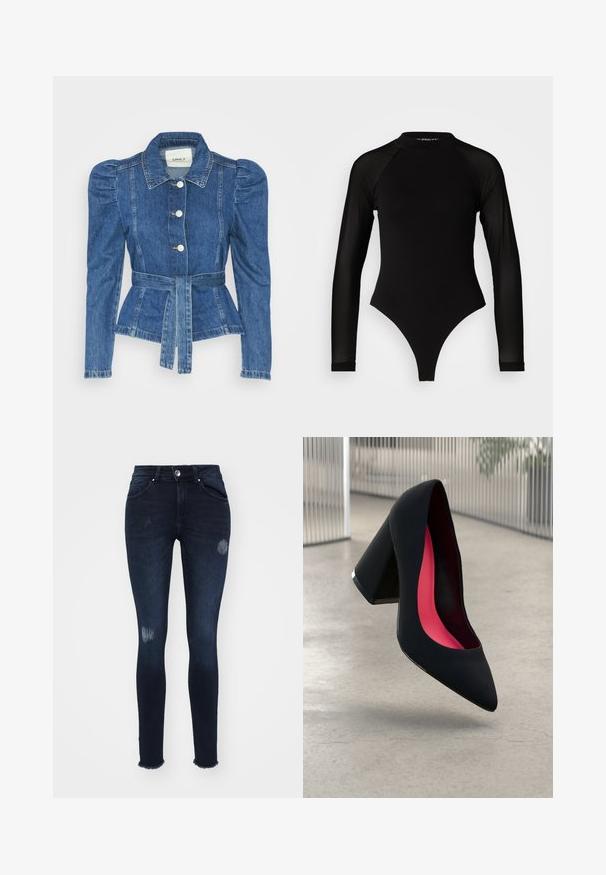 Casaco de ganga com cintura ajustada, corpete justo e ombros bufantes. Cor azul média, design estruturado e fecho frontal por botões.; Body preto de manga longa com gola alta, apresentando tecido sólido no tronco e mangas transparentes em rede, desenhado em forma ajustada.; Calças skinny azul-escuras em denim, com detalhes rasgados nos joelhos, bainha desfiada, cinco bolsos e fecho por botão.; Sapato preto de salto alto com bico fino e parte superior texturizada. Interior apresenta forro rosa vibrante. Salto quadrado com detalhe metálico na base.