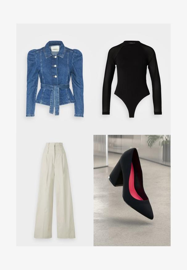 Chaqueta de mezclilla con cintura ceñida, cuerpo ajustado y hombros abullonados. Color azul medio, diseño estructurado y cierres frontales de botones.; Mameluco negro de manga larga con cuello alto, que presenta tejido sólido en el torso y mangas de malla transparente, diseñado en una forma ajustada.; Pantalones de pierna ancha en color beige, fabricados con un material suave, que presentan una cintura alta con tres bandas horizontales y pliegues frontales.; Zapato de tacón alto negro con puntera afilada, superficie texturizada y un interior de un rosa vibrante. Presenta un tacón grueso con un acento plateado.