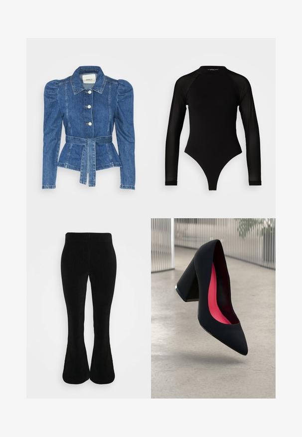 Farmer dzseki övvel a deréknál, testhez simuló fazon és puffos vállakkal. Középkék szín, struktúrált kialakítás és elöl gombos záródás.; Fekete, hosszú ujjú body, magas nyakkal, melynek testrésze sima anyagból készült, míg az ujjai áttetsző hálós anyagból vannak, testhezálló fazonban.; Fekete kordbársony trapéz szabású nadrág, ribbelt szerkezettel, gumis derekkal és testhezálló felső résszel, amely fokozatosan bővül az alja felé.; Fekete magassarkú cipő hegyes orral, textúrált felülettel és élénk rózsaszín béléssel. Vastag sarokkal rendelkezik, ezüst kiegészítővel.