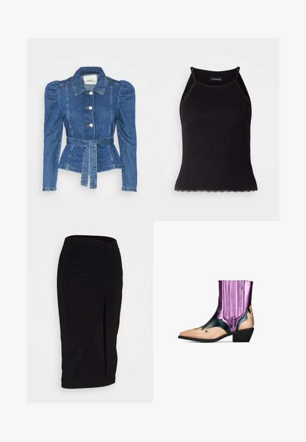 Veste en denim avec une taille ceinturée, un buste ajusté et des épaules bouffantes. Couleur bleu moyen, design structuré et fermetures à boutons sur le devant.; Débardeur noir à côtes avec une bordure en dentelle festonnée à l'ourlet. Présente des bretelles fines et une coupe ajustée. Fabriqué en tissu extensible.; Jupe crayon noire froncée avec détail à nouer et fente latérale. Fabriquée à partir d'un tissu extensible, elle présente une texture lisse et une coupe ajustée.; Bottine western en noir, violet métallisé et nude. Elle présente un bout pointu, un talon bloc, des découpes décoratives et des accents côtelés verticaux.