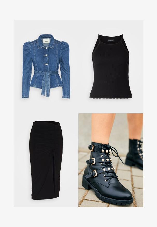 Džínová bunda s páskem v pase, přiléhavým střihem a nadýchanými ramenními vycpávkami. Středně modrá barva, strukturovaný design a zapínání na knoflíky vpředu.; Černý žebrovaný top na ramínka s krajkovým lemem na spodním okraji. Obsahuje tenké ramínka a přiléhavý střih. Vyrobeno z elastické látky.; Černá, řasená tužková sukně s detailem na zavazování a bočním rozparkem. Vyrobena z elastického materiálu s hladkou texturou a přiléhavým střihem.; Černé kožené kotníkové boty se zlatým kováním, třemi nastavitelými popruhy a perlovými akcenty. Podešev s drážkami pro lepší přilnavost.