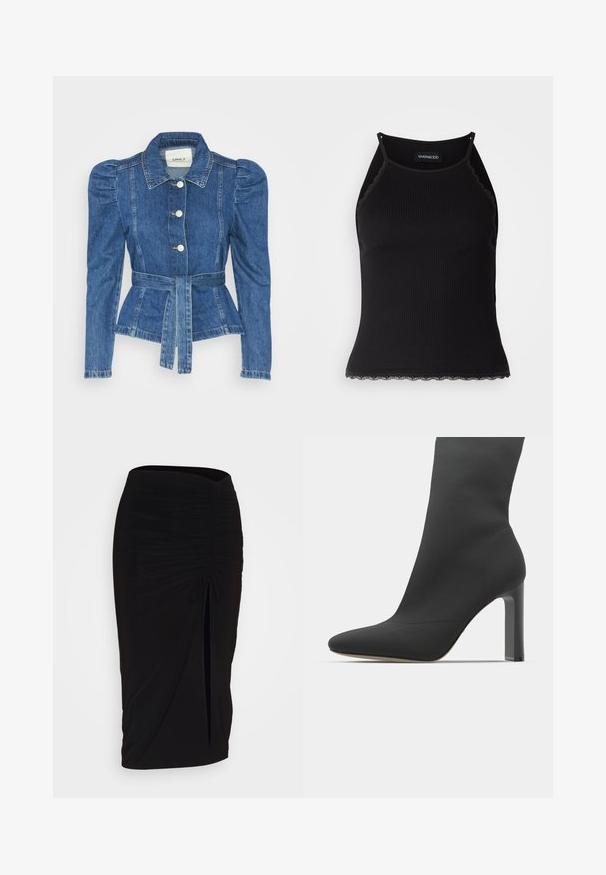Jeansjacke mit tailliertem Schnitt, fitted Oberteil und gepufften Schultern. Mittelblaue Farbe, strukturierte Form und Frontknopfverschlüsse.; Schwarzes, geripptes Tanktop mit gewellten Spitzenabschluss am Saum. Mit dünnen Trägern und einer figurbetonten Passform. Hergestellt aus dehnbarem Material.; Schwarzer, geraffter Bleistiftrock mit Bindegürtel und seitlichem Schlitz. Hergestellt aus einem dehnbaren Stoff, mit glatter Textur und figurschmeichelndem Design.; Schwarze Stiletto-Stiefelette mit einem eleganten, sockenähnlichen Design, spitzem Zeh, glattem Stoff und einem quadratischen hohen Absatz. Minimalistische Ästhetik.