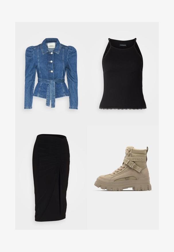 Jeansjacka med midjebälte, åtsittande liv och puffiga axlar. Mellanblå färg, strukturerad design och knäppning fram.; Svart ribbad linne med scallop-mönstrad spetskant i nederkant. Har tunna axelband och en figurnära design. Tillverkad av elastiskt tyg.; Svart, rynkad pennkjol med knytning och en sidoslits. Tillverkad av ett elastiskt tyg, med en jämn yta och figurnära design.; Bruna högstövlar i syntetmaterial, med en kraftig sula, texturerade tygdetaljer och ett band med logotyp.