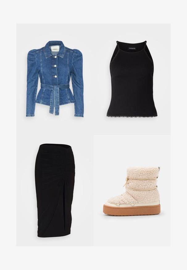 Jeansjacke mit tailliertem Schnitt, fitted Oberteil und gepufften Schultern. Mittelblaue Farbe, strukturierte Form und Frontknopfverschlüsse.; Schwarzes, geripptes Tanktop mit gewellten Spitzenabschluss am Saum. Mit dünnen Trägern und einer figurbetonten Passform. Hergestellt aus dehnbarem Material.; Schwarzer, geraffter Bleistiftrock mit Bindegürtel und seitlichem Schlitz. Hergestellt aus einem dehnbaren Stoff, mit glatter Textur und figurschmeichelndem Design.; Stämmige, cremefarbene Shearling-Ankle-Boots mit strukturierter Oberfläche, elastischen Details und einer dicken braunen Plattformsohle. Akzente aus silbernem Metall sind vorhanden.