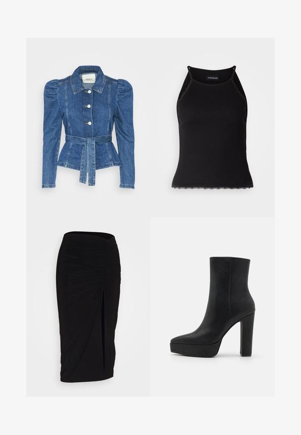 Denimjakke med beltedal, tætsiddende liv og puffede skuldre. Mellemblå farve, struktureret design og frontknaplukninger.; Sort ribbet tanktop med bølget blondekant forneden. Har tynde stropper og en tætsiddende pasform. Fremstillet af strækbart materiale.; Sort, rynket blyantskørt med bindebånd og en sidelæg. Fremstillet af et strækbart stof, der har en glat overflade og en tætsiddende pasform.; Sort ankelstøvle med spids tå, lavet af glat læder. Har en kraftig, høj hæl og en platformsål for ekstra højde.