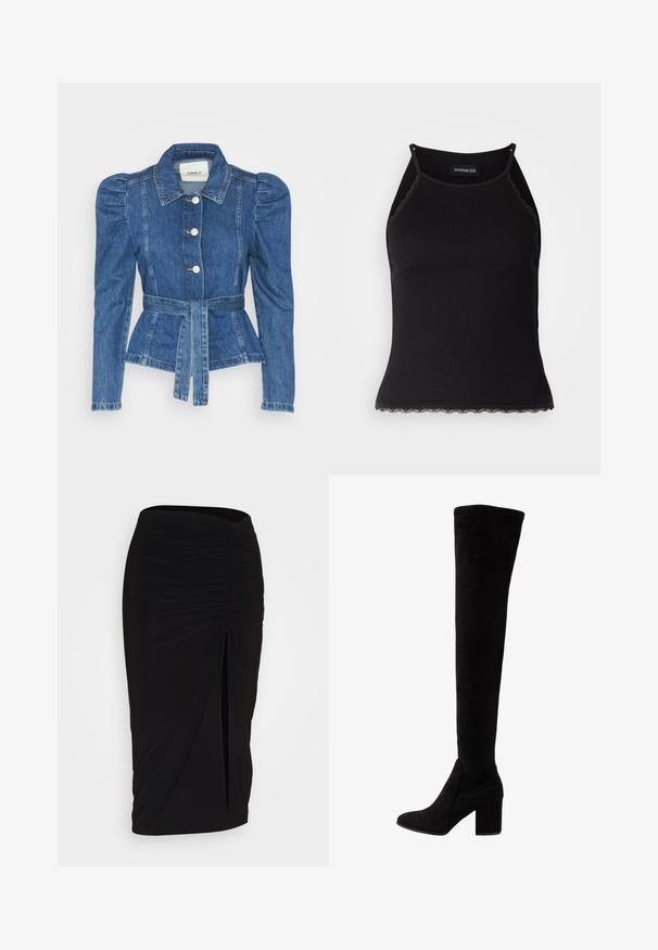 Džínová bunda s páskem v pase, přiléhavým střihem a nadýchanými ramenními vycpávkami. Středně modrá barva, strukturovaný design a zapínání na knoflíky vpředu.; Černý žebrovaný top na ramínka s krajkovým lemem na spodním okraji. Obsahuje tenké ramínka a přiléhavý střih. Vyrobeno z elastické látky.; Černá, řasená tužková sukně s detailem na zavazování a bočním rozparkem. Vyrobena z elastického materiálu s hladkou texturou a přiléhavým střihem.; Černé kozačky nad kolena vyrobené z měkké semišové kůže, s masivním vysokým podpatkem a elegantním, přiléhavým designem se zaoblenou špičkou.