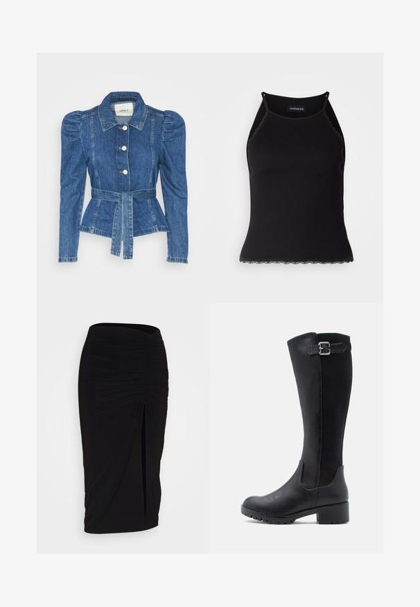 Chaqueta de mezclilla con cintura ceñida, cuerpo ajustado y hombros abullonados. Color azul medio, diseño estructurado y cierres frontales de botones.; Top de tanque negro con ribetes acanalados y borde de encaje con volantes en el dobladillo. Presenta tirantes finos y un diseño ajustado. Fabricado en tejido elástico.; falda lápiz negra con fruncido, detalle de lazo y abertura lateral. Hecha de un tejido elástico, con una textura suave y un diseño ajustado.; Bota negra hasta la rodilla que presenta un frente de cuero suave, paneles de malla y un tacón bajo tipo bloque con un detalle de correa y hebilla.