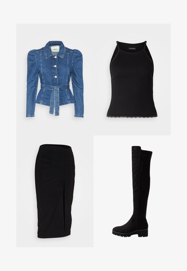 Denim jacket with a belted waist, fitted bodice, and puffed shoulders. Medium blue color, structured design, and front button closures.; Black ribbed tank top with scalloped lace trim at the hem. Features thin straps and a fitted design. Made from stretchable fabric.; Black, ruched pencil skirt with tie detail and a side slit. Made from a stretchy fabric, featuring a smooth texture and form-fitting design.; Black over-the-knee boots in soft suede with a flat sole, featuring a rounded toe and elastic side panels for ease of wear.