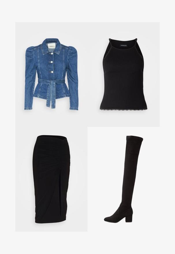 Denim jacket with a belted waist, fitted bodice, and puffed shoulders. Medium blue color, structured design, and front button closures.; Black ribbed tank top with scalloped lace trim at the hem. Features thin straps and a fitted design. Made from stretchable fabric.; Black, ruched pencil skirt with tie detail and a side slit. Made from a stretchy fabric, featuring a smooth texture and form-fitting design.; Over-the-knee black suede boot with a block heel, featuring a smooth texture and a fitted design extending above the knee.