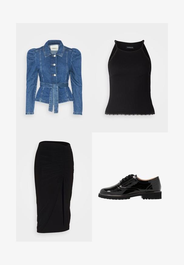 Džínová bunda s páskem v pase, přiléhavým střihem a nadýchanými ramenními vycpávkami. Středně modrá barva, strukturovaný design a zapínání na knoflíky vpředu.; Černý žebrovaný top na ramínka s krajkovým lemem na spodním okraji. Obsahuje tenké ramínka a přiléhavý střih. Vyrobeno z elastické látky.; Černá, řasená tužková sukně s detailem na zavazování a bočním rozparkem. Vyrobena z elastického materiálu s hladkou texturou a přiléhavým střihem.; Černé lakované šněrovací boty s kulatou špičkou, brogue detaily, gumovou podrážkou a texturovaným povrchem. Doplňují je malé očka.