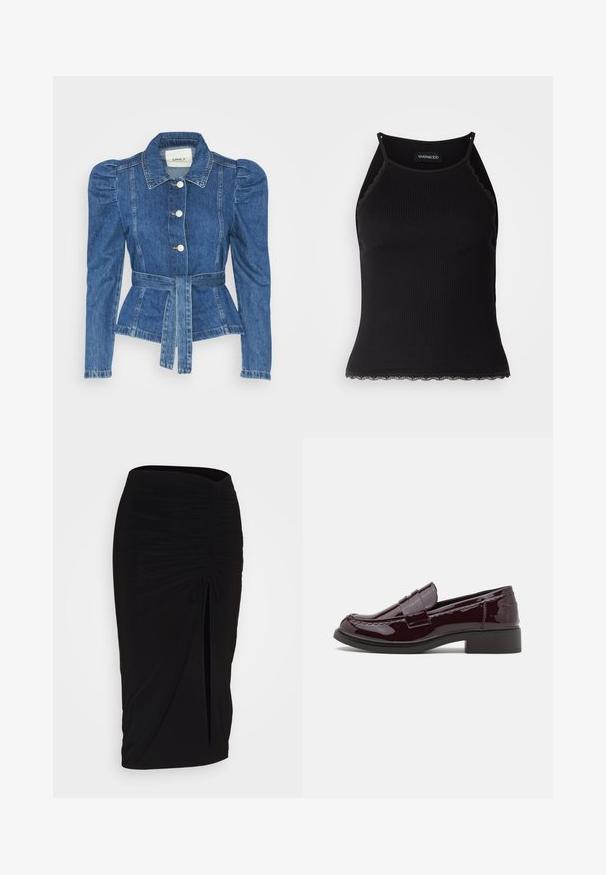 Farmer dzseki övvel a deréknál, testhez simuló fazon és puffos vállakkal. Középkék szín, struktúrált kialakítás és elöl gombos záródás.; Fekete bordázott ujjatlan felső, csipkés, fodros szegéllyel az alján. Vékony pántokkal és testhez simuló kialakítással rendelkezik. Stretch anyagból készült.; Fekete, ráncolt ceruzaszoknya kötött részlettel és oldalsó hasítékkal. Rugalmas anyagból készült, sima textúrával és testhez álló kialakítással.; Burgonya színű lakkbőr loaferek alacsony blokksarkúval, hagyományos varrással és egy csattal díszítve a lábfejen.