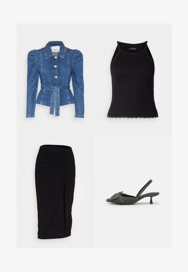 Denimiga jope, mille vöökoht on reguleeritav, kehaosa on kitsas ja õlavarred on puhvaariga. Keskmise sinise värvusega, struktureeritud disain ja ees nupulukud.; Must mustriba top musta servadega äärega. Omab peeneid rihmu ja istuvat disaini. Valmistatud venivast kangast.; Mustast, rikutud pliiatsiseelik sidumisdetailiga ja küljes lahtise lõhenemisega. Valmistatud venivast kangast, millel on sile tekstuur ja keha lähedane lõige.; Hall graanist kangast slingback kontsaga, millel on terav nina, vampi alusesse on lisatud lipsu detail ja lühi-stiletto konts. Sujuv tekstuur, minimalistlik disain.
