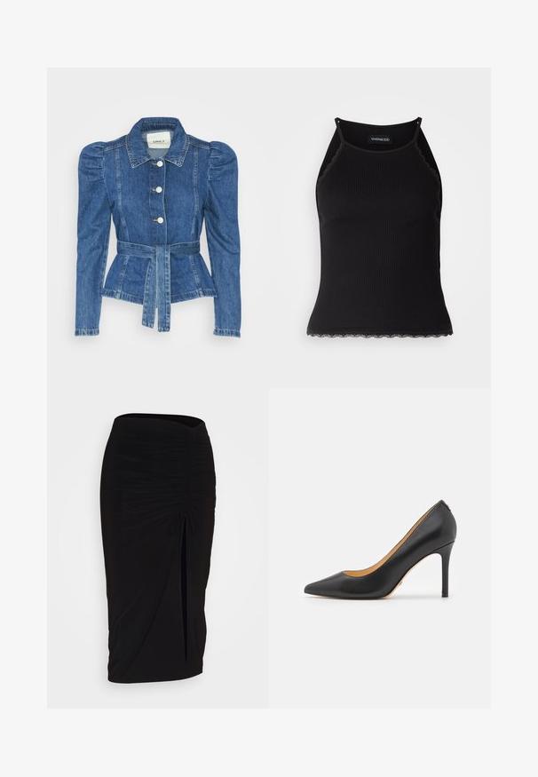 Casaco de ganga com cintura ajustada, corpete justo e ombros bufantes. Cor azul média, design estruturado e fecho frontal por botões.; T-shirt sem mangas preto com acabamento em renda frisada na barra. Apresenta alças finas e um design justo. Feito de um tecido elástico.; Saia lápis preta, franzida, com detalhe de laço e uma fenda lateral. Feita de um tecido elástico, apresenta uma textura suave e um design justo ao corpo.; Sabrinas pretas de pele com bico fino e salto agulha, apresentando uma textura suave e um design minimalista. Interior forrado em tom castanho.
