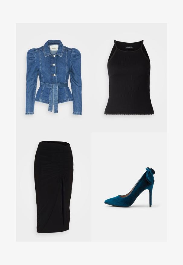 Denim jakna z pasom, prilegajoča bodica in napihnjena ramena. Srednje modra barva, strukturna zasnova in sprednje gumbne zanke.; Črn rebrast top brez rokavov z valovitimi čipkastimi robovi na dnu. Ima tanke naramnice in oprijet kroj. Narejen je iz raztegljivega materiala.; Črna, nabrana svinčnik krilo z detajlom v obliki traku in stranskim razporkom. Narejeno iz raztegljive tkanine, ki se ponaša z gladko teksturo in oblikovanjem, ki se prilega telesu.; Anna Field Klasične pete - dark blue