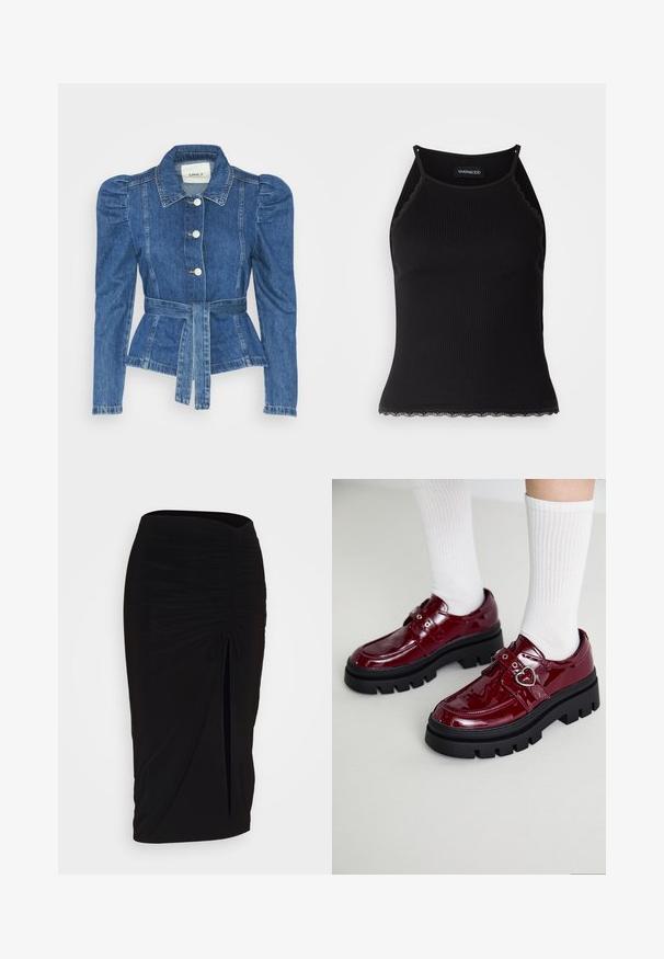 Denim jacket with a belted waist, fitted bodice, and puffed shoulders. Medium blue color, structured design, and front button closures.; Black ribbed tank top with scalloped lace trim at the hem. Features thin straps and a fitted design. Made from stretchable fabric.; Black, ruched pencil skirt with tie detail and a side slit. Made from a stretchy fabric, featuring a smooth texture and form-fitting design.; Maroon patent leather shoes with a chunky black sole, double strap with heart detail, and ribbed white socks. Retro design with thick traction.