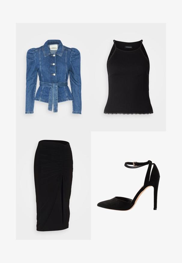 Denimiga jope, mille vöökoht on reguleeritav, kehaosa on kitsas ja õlavarred on puhvaariga. Keskmise sinise värvusega, struktureeritud disain ja ees nupulukud.; Must mustriba top musta servadega äärega. Omab peeneid rihmu ja istuvat disaini. Valmistatud venivast kangast.; Mustast, rikutud pliiatsiseelik sidumisdetailiga ja küljes lahtise lõhenemisega. Valmistatud venivast kangast, millel on sile tekstuur ja keha lähedane lõige.; Mustad sametist kõrged kontsad terava varbaga, pahkluu rihmaga ja stilettokontsaga. Disain on lihtne ja sujuva tekstuuriga, minimaalse detailitööga.