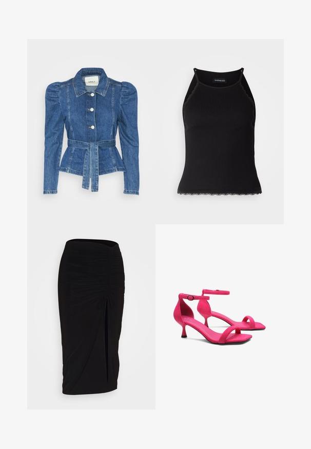 Jeansowa kurtka z pasem w talii, dopasowaną górą i bufiaste ramiona. Średni niebieski kolor, usztywniony fason oraz zapięcie na guziki z przodu.; Czarny ribbed top na ramiączkach z falbaniastym koronkowym wykończeniem u dołu. Posiada cienkie ramiączka i dopasowany krój. Wykonany z rozciągliwego materiału.; Czarna, marszczona spódnica typu ołówkowego z węzłem i bocznym rozcięciem. Wykonana z elastycznego materiału, o gładkiej fakturze i dopasowanym kroju.; Różowe zamszowe sandały na obcasie o eleganckim designie, z regulowanym paskiem wokół kostki i szpiczastym czubkiem. Posiadają cienki obcas i gładką podeszwę.