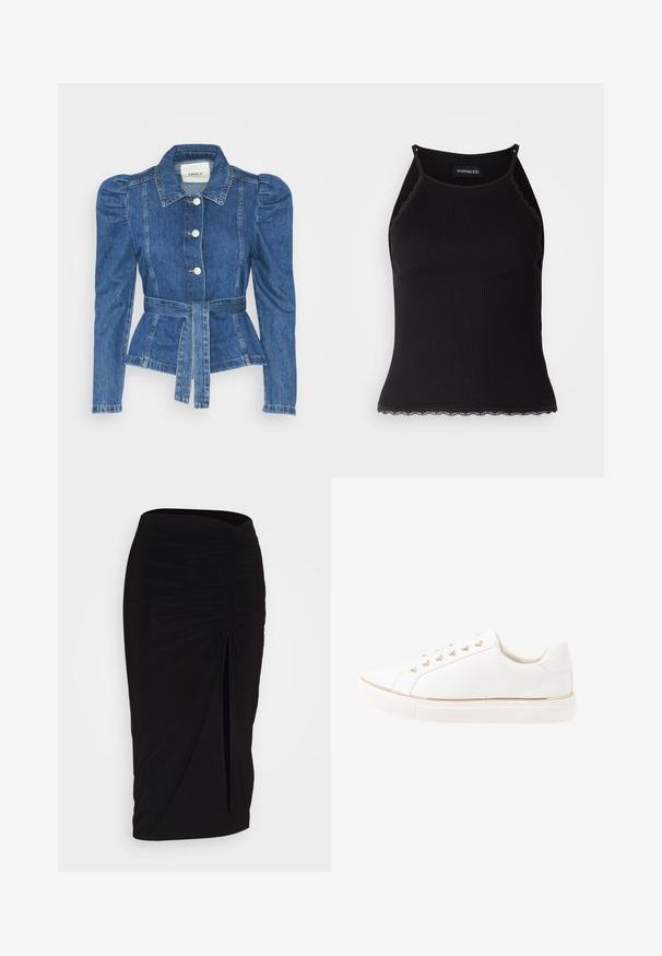 Denim jakna z pasom, prilegajoča bodica in napihnjena ramena. Srednje modra barva, strukturna zasnova in sprednje gumbne zanke.; Črn rebrast top brez rokavov z valovitimi čipkastimi robovi na dnu. Ima tanke naramnice in oprijet kroj. Narejen je iz raztegljivega materiala.; Črna, nabrana svinčnik krilo z detajlom v obliki traku in stranskim razporkom. Narejeno iz raztegljive tkanine, ki se ponaša z gladko teksturo in oblikovanjem, ki se prilega telesu.; Bela tenisa z gladkim usnjem, z zlatimi odprtinami in zlatim poudarkom okoli podplata. Raven gumijast podplat z teksturirano površino za oprijem.