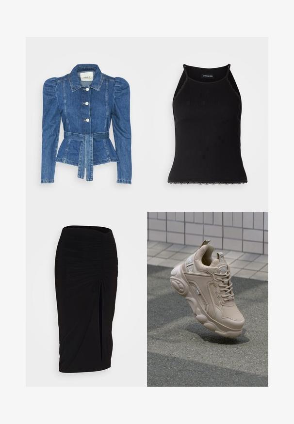 Jeansjacke mit tailliertem Schnitt, fitted Oberteil und gepufften Schultern. Mittelblaue Farbe, strukturierte Form und Frontknopfverschlüsse.; Schwarzes, geripptes Tanktop mit gewellten Spitzenabschluss am Saum. Mit dünnen Trägern und einer figurbetonten Passform. Hergestellt aus dehnbarem Material.; Schwarzer, geraffter Bleistiftrock mit Bindegürtel und seitlichem Schlitz. Hergestellt aus einem dehnbaren Stoff, mit glatter Textur und figurschmeichelndem Design.; Beige Sport Schuh mit einem Obermaterial aus Mesh und Synthetik, gepolstertem Kragen und einer robusten Sohle mit strukturierten Akzenten. Branding auf der Seite sichtbar.