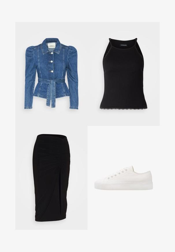 Giacca in denim con vita cintrata, corpino aderente e spalle imbottite. Colore blu medio, design strutturato e chiusura frontale con bottoni.; Top in maglia nera a coste con bordo in pizzo ondulato all'orlo. Presenta spalline sottili e un design aderente. Realizzato in tessuto elasticizzato.; Gonna a tubino nera, arricciata, con dettaglio a fiocco e uno spacco laterale. Realizzata in un tessuto elasticizzato, presenta una texture liscia e un design aderente.; Sneaker bianco in tela con punta tonda, sei fori per i lacci, suola in gomma testurizzata e dettagli di cucitura discreti lungo i lati.