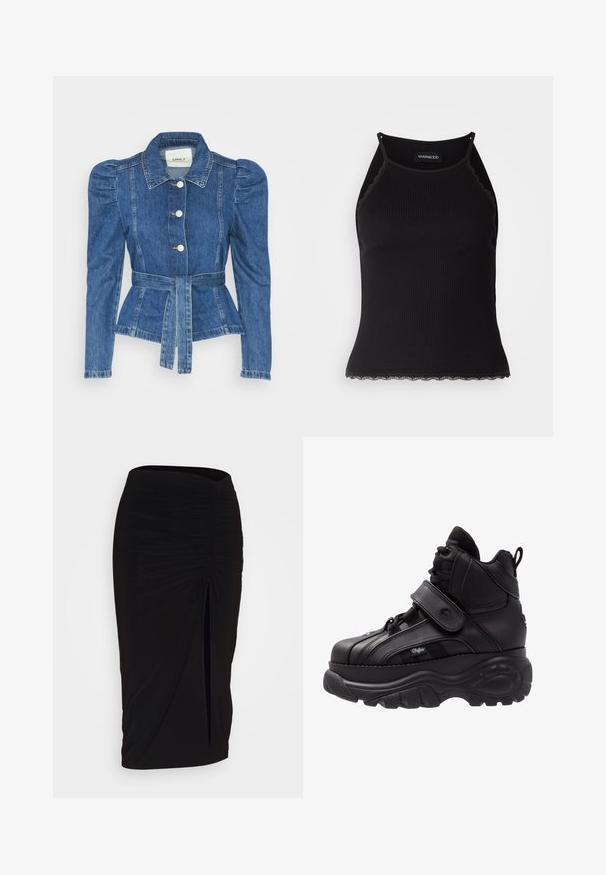 Džinsu jaka ar jostas vidukli, pieguļošu augšdaļu un pūšām plecu daļām. Vidēji zila krāsa, strukturēts dizains un priekšējie pogu aizdarījumi.; Melna ribota topiņa ar izšūtu mežģīņu apdari apakšmalā. Iezīmē plānas siksniņas un pielāgotu piegriezumu. Izgatavota no stiepjama auduma.; Melna, ručām veidota zīda svārku ar saišu detaļu un sānu izgriezumu. Izgatavota no elastīga auduma, ar gludu tekstūru un pieguļošu dizainu.; Melni augstpapēžu sporta apavi ar biezu gumijas zoli, ādas augšdaļu, auklu un Velcro siksniņu aizdari, kā также ar teksturētu sānu paneļu detaļām.