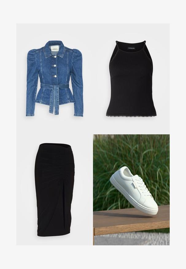 Giacca in denim con vita cintrata, corpino aderente e spalle imbottite. Colore blu medio, design strutturato e chiusura frontale con bottoni.; Top in maglia nera a coste con bordo in pizzo ondulato all'orlo. Presenta spalline sottili e un design aderente. Realizzato in tessuto elasticizzato.; Gonna a tubino nera, arricciata, con dettaglio a fiocco e uno spacco laterale. Realizzata in un tessuto elasticizzato, presenta una texture liscia e un design aderente.; Sneaker bianco in pelle con lacci sospeso sopra una panchina in legno, erba alta verde sfocata sullo sfondo all'aperto.