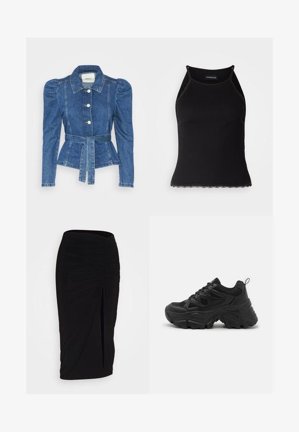 Denim jacket with a belted waist, fitted bodice, and puffed shoulders. Medium blue color, structured design, and front button closures.; Black ribbed tank top with scalloped lace trim at the hem. Features thin straps and a fitted design. Made from stretchable fabric.; Black, ruched pencil skirt with tie detail and a side slit. Made from a stretchy fabric, featuring a smooth texture and form-fitting design.; Black athletic shoes with a textured mesh upper, curved rubber sole, and prominent tread pattern. Features integrated lacing and pull tab.