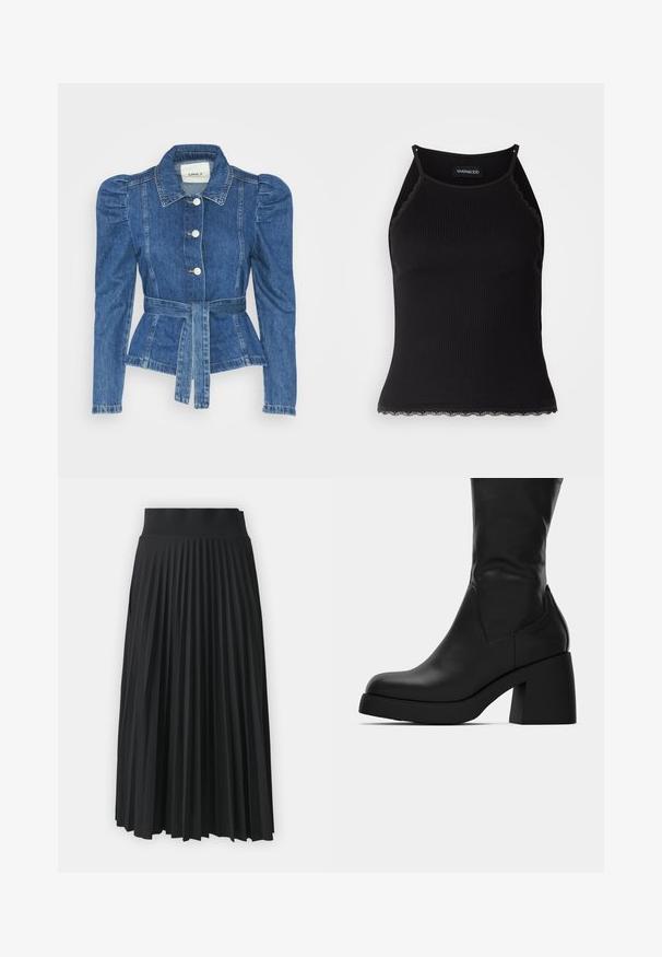 Riposso takki, jossa on vyöllinen vyötärö, istuva vartalo ja puffatut olkapäät. Keskisininen väri, rakenteellinen muotoilu ja etupainetut napit.; Mustan ribbitoppi, jonka helman reunassa on aaltoileva pitsi. Ominaisuuksina ohuet hihnat ja tiukka malli. Valmistettu joustavasta kankaasta.; Musta pleated-hame leveällä vyötärönauha, jossa on tasaisia pystysuuntaisia poimuja. Sileä tekstuuri ja virtaava muotoilu.; Musta nahkasaapas nilkkapituudella, jossa on paksu lohkare-korko ja pyöristetty kärki, esitetty sivuprofiilissa valkoista taustaa vasten.