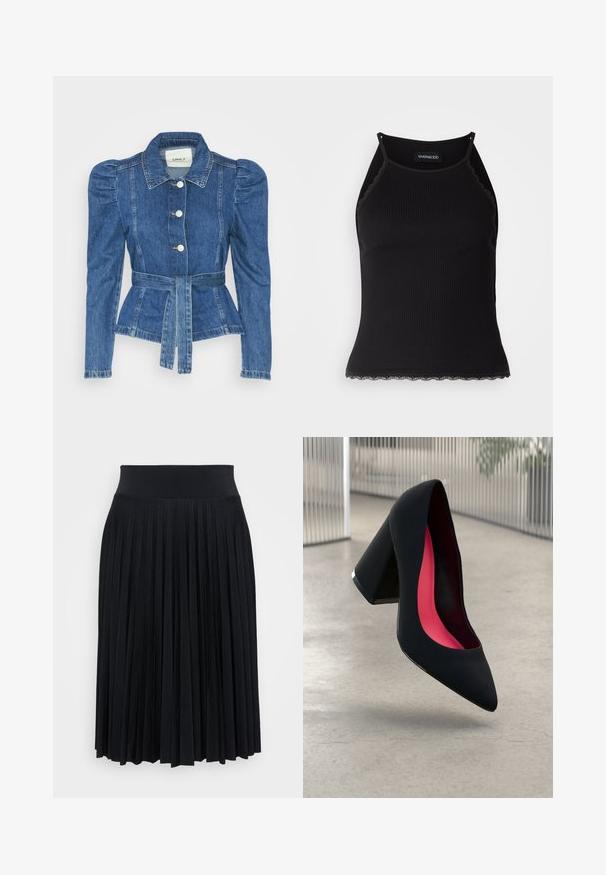 Giacca in denim con vita cintrata, corpino aderente e spalle imbottite. Colore blu medio, design strutturato e chiusura frontale con bottoni.; Top in maglia nera a coste con bordo in pizzo ondulato all'orlo. Presenta spalline sottili e un design aderente. Realizzato in tessuto elasticizzato.; Gonna nera plissettata con una vita larga, realizzata in un materiale morbido. Presenta pieghe verticali per una maggiore texture e fluidità.; Scarpa con tacco alto nera, con punta affusolata, superficie testurizzata e un vivace interno rosa. Presenta un tacco spesso con un accento argentato.