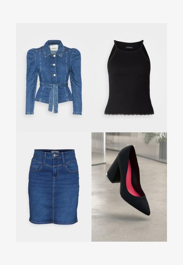 Farmer dzseki övvel a deréknál, testhez simuló fazon és puffos vállakkal. Középkék szín, struktúrált kialakítás és elöl gombos záródás.; Fekete bordázott ujjatlan felső, csipkés, fodros szegéllyel az alján. Vékony pántokkal és testhez simuló kialakítással rendelkezik. Stretch anyagból készült.; Sötétkék farmer szoknya testhezálló fazonnal. Öt zsebbel, gombos záródással és eltérő színű varrással a varrás mentén.; Fekete magassarkú cipő hegyes orral, textúrált felülettel és élénk rózsaszín béléssel. Vastag sarokkal rendelkezik, ezüst kiegészítővel.