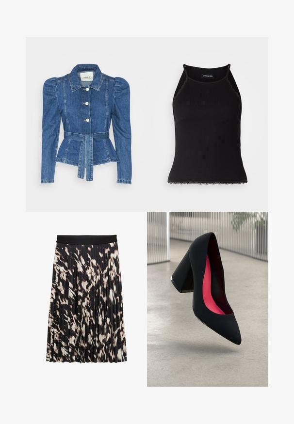 Jeansowa kurtka z pasem w talii, dopasowaną górą i bufiaste ramiona. Średni niebieski kolor, usztywniony fason oraz zapięcie na guziki z przodu.; Czarny ribbed top na ramiączkach z falbaniastym koronkowym wykończeniem u dołu. Posiada cienkie ramiączka i dopasowany krój. Wykonany z rozciągliwego materiału.; Plisowana spódnica z szerokim czarnym paskiem w talii; wzorzysta w odcieniach czerni, ecru i brązu; gładka tekstura z lekkim, płynącym krojem.; Czarna szpilka o spiczastym nosie, z teksturowaną powierzchnią i intensywnie różowym wnętrzem. Posiada masywny obcas z srebrnym akcentem.