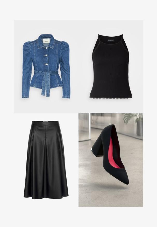 Denim jakna z pasom, prilegajoča bodica in napihnjena ramena. Srednje modra barva, strukturna zasnova in sprednje gumbne zanke.; Črn rebrast top brez rokavov z valovitimi čipkastimi robovi na dnu. Ima tanke naramnice in oprijet kroj. Narejen je iz raztegljivega materiala.; Črna usnjena maksi krila z visokim pasom, nabranim dizajnom in gladko teksturo. Poudarja lepe in tekoče silhuete.; Črne visoke petke z nazobčanim prstom, teksturirano površino in živahnimi rožnatimi notranjimi deli. Imajo robustno peto z srebrnim akcentom.