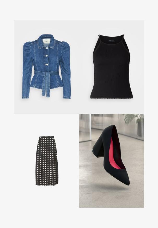 Denimjakke med beltedal, tætsiddende liv og puffede skuldre. Mellemblå farve, struktureret design og frontknaplukninger.; Sort ribbet tanktop med bølget blondekant forneden. Har tynde stropper og en tætsiddende pasform. Fremstillet af strækbart materiale.; Sort midi-nederdel med hvide prikker, lavet af et glat stof. Har en tætsiddende talje og en let sideslids for nem bevægelse.; Sort højhælet sko med spids snude og tekstureret overdel. Indvendigt indeholder den lyserød foer. Kvadratisk hæl med metalaccent ved bunden.