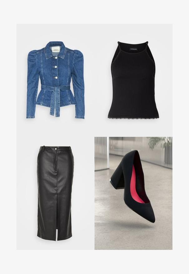 Jeansjakke med belte i midjen, tettsittende midje og puffede skuldre. Medium blå farge, strukturert design og frontknapper.; Svart ribbet tanktopp med scallop lace detaljer i kanten. Har tynne stropper og en kroppsnær design. Laget av elastisk stoff.; Svart skinn midi-skjørt med en frontsplitt, beltehemper og enkelt knappelukking. Glatt tekstur, rett design med en skreddersydd passform.; Svart høye hæler med spiss tå, teksturert overflate og en livlig rosa innside. Har en kraftig hæl med sølvdetaljer.