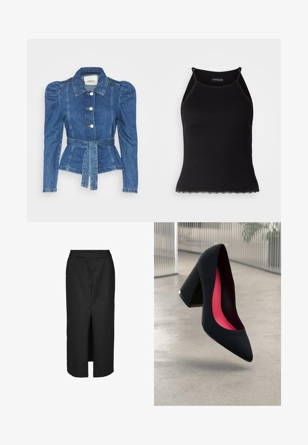 Veste en denim avec une taille ceinturée, un buste ajusté et des épaules bouffantes. Couleur bleu moyen, design structuré et fermetures à boutons sur le devant.; Débardeur noir à côtes avec une bordure en dentelle festonnée à l'ourlet. Présente des bretelles fines et une coupe ajustée. Fabriqué en tissu extensible.; Jupe midi noire avec une fente devant, réalisée en tissu léger. Elle présente une taille classique et de discrètes poches latérales.; Chaussure à talon noir avec un bout pointu, surface texturée et un intérieur rose vif. Dotée d'un talon épais avec un accent en argent.