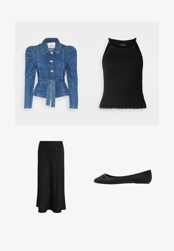 Denim jacket with a belted waist, fitted bodice, and puffed shoulders. Medium blue color, structured design, and front button closures.; Black ribbed tank top with scalloped lace trim at the hem. Features thin straps and a fitted design. Made from stretchable fabric.; Black skirt made of smooth fabric; features a fitted waist and a flared hem, creating a sleek, straight silhouette without visible fastenings.; Black suede ballet flats with a rounded toe, featuring a decorative bow on the front and a flat sole design. Smooth texture and classic shape.