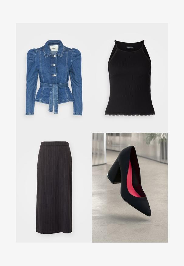 Džínová bunda s páskem v pase, přiléhavým střihem a nadýchanými ramenními vycpávkami. Středně modrá barva, strukturovaný design a zapínání na knoflíky vpředu.; Černý žebrovaný top na ramínka s krajkovým lemem na spodním okraji. Obsahuje tenké ramínka a přiléhavý střih. Vyrobeno z elastické látky.; Černá pruhovaná midi sukně se rovnou siluetou, hladkou texturou a páskem v pase. Obsahuje také detail bočního rozparku.; Černá vysoká podpatková bota s špičatou špičkou, texturovaným povrchem a živým růžovým interiérem. Obsahuje masivní podpatek se stříbrným akcentem.