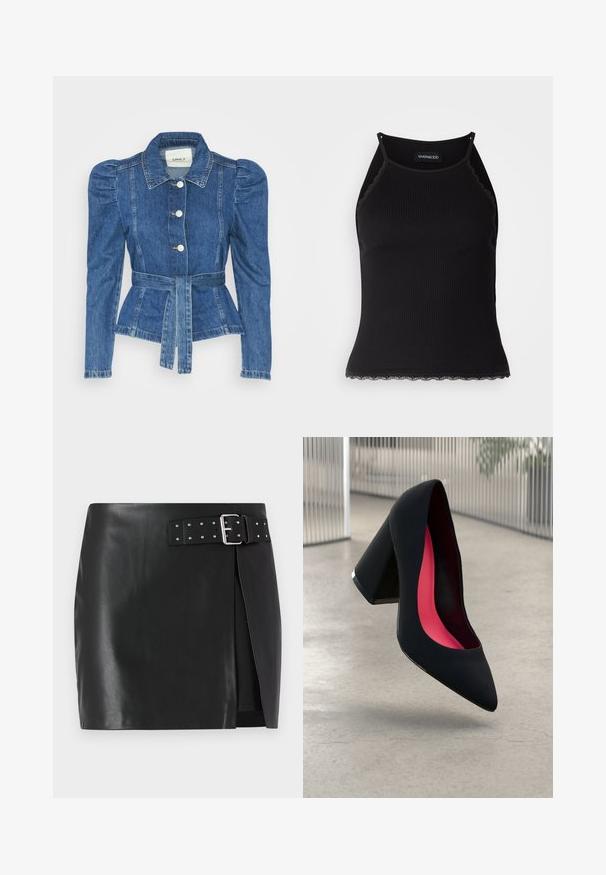 Denim jacket with a belted waist, fitted bodice, and puffed shoulders. Medium blue color, structured design, and front button closures.; Black ribbed tank top with scalloped lace trim at the hem. Features thin straps and a fitted design. Made from stretchable fabric.; Black faux leather mini skirt with an adjustable belt featuring silver buckle and stud details, front wrap design, and smooth texture.; Black high-heeled shoe with a pointed toe and a textured upper. Interior features bright pink lining. Square heel with metallic accent at the base.
