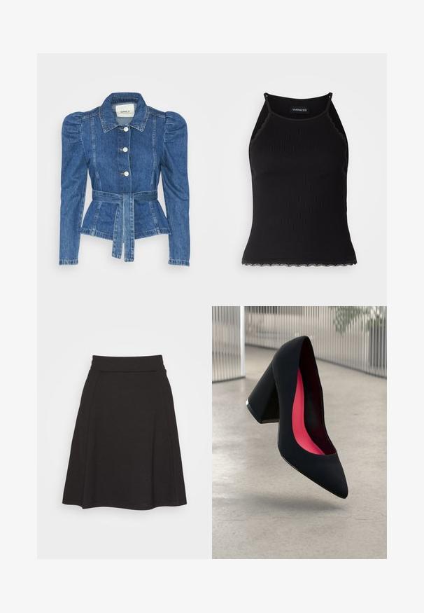 Veste en denim avec une taille ceinturée, un buste ajusté et des épaules bouffantes. Couleur bleu moyen, design structuré et fermetures à boutons sur le devant.; Débardeur noir à côtes avec une bordure en dentelle festonnée à l'ourlet. Présente des bretelles fines et une coupe ajustée. Fabriqué en tissu extensible.; Jupe noire évasée en tissu doux avec une texture lisse. Elle possède une large ceinture et arrive à mi-cuisse.; Chaussure à talon noir avec un bout pointu, surface texturée et un intérieur rose vif. Dotée d'un talon épais avec un accent en argent.
