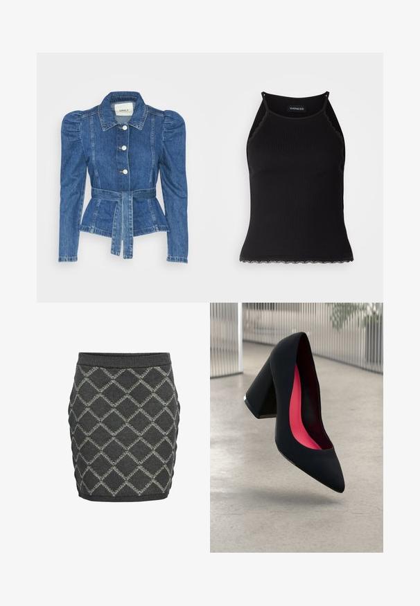 Denim jacket with a belted waist, fitted bodice, and puffed shoulders. Medium blue color, structured design, and front button closures.; Black ribbed tank top with scalloped lace trim at the hem. Features thin straps and a fitted design. Made from stretchable fabric.; Gray knitted skirt featuring a diamond pattern with a textured finish, ribbed waistband, and fitted silhouette.; Black high-heeled shoe with a pointed toe and a textured upper. Interior features bright pink lining. Square heel with metallic accent at the base.
