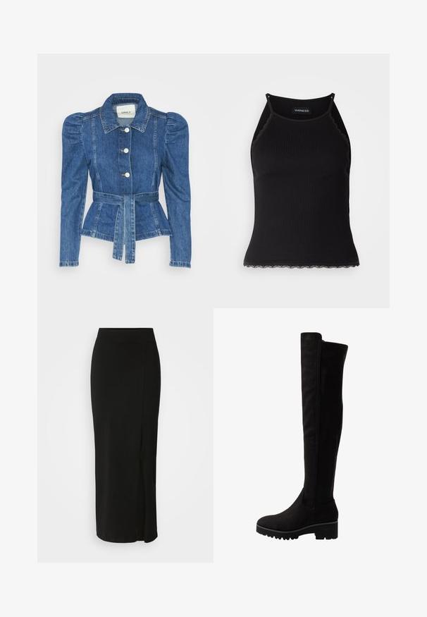 Traper jakna s pojasom u struku, prilagođenim tijelom i nabranim ramenima. Srednje plava boja, strukturirani dizajn i prednje kopčanje na tipke.; Crna ženska majica bez rukava s rebrastim uzorkom i čipkastim obrubom na donjem dijelu. Ima tanke naramenice i prilagođen dizajn. Izrađena od rastezljivog materijala.; Crna suknja do koljena izrađena od mekog, rastezljivog materijala. Ima usku elastiku u struku i bočni prorez za lakše kretanje.; Crne čizme iznad koljena od mekog antilopa s ravnim potplatom, s okruglim vrhom i elastičnim bočnim panelima za lakše obuvanje.
