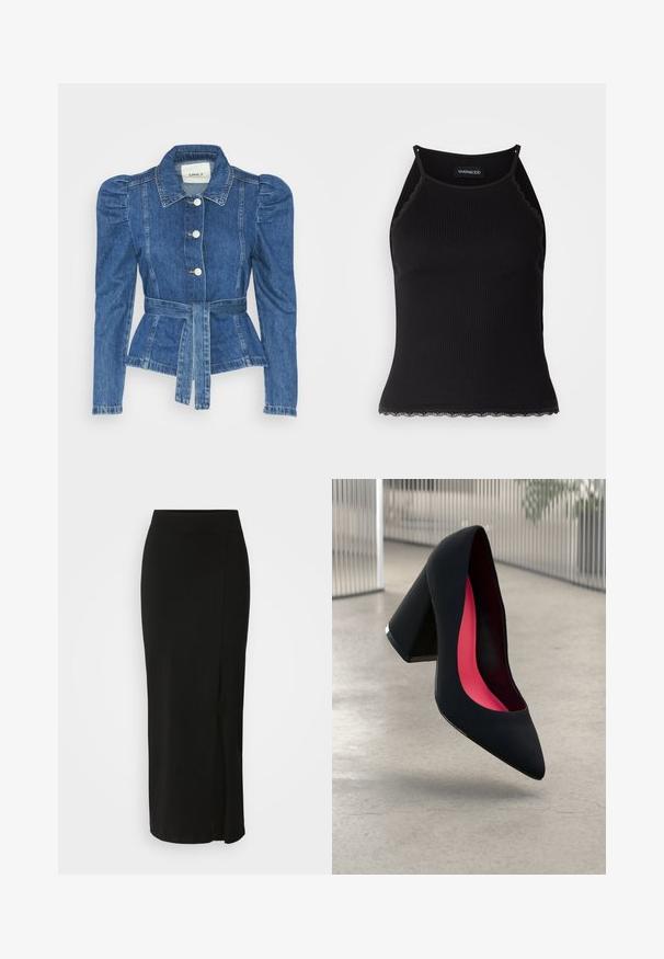 Denimjakke med beltedal, tætsiddende liv og puffede skuldre. Mellemblå farve, struktureret design og frontknaplukninger.; Sort ribbet tanktop med bølget blondekant forneden. Har tynde stropper og en tætsiddende pasform. Fremstillet af strækbart materiale.; Sort, knælang skirt lavet af blødt, strækbart stof. Har en tætsiddende talje og en sideslids for øget bevægelsesfrihed.; Sort højhælet sko med spids tå, struktureret overflade og et livligt pink interiør. Har en kraftig hæl med sølvdetaljer.