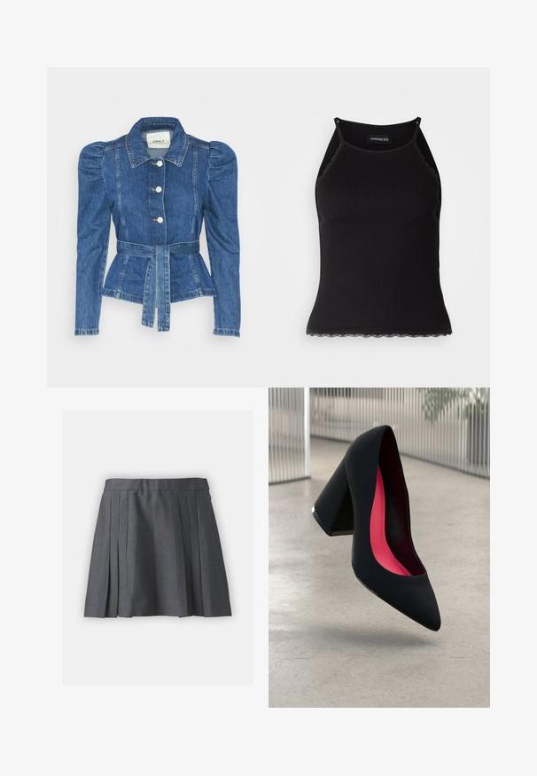 Farmer dzseki övvel a deréknál, testhez simuló fazon és puffos vállakkal. Középkék szín, struktúrált kialakítás és elöl gombos záródás.; Fekete bordázott ujjatlan felső, csipkés, fodros szegéllyel az alján. Vékony pántokkal és testhez simuló kialakítással rendelkezik. Stretch anyagból készült.; Szürke, redős szoknya texturált anyagból, derékpánttal és rejtett cipzárral. Egyenletesen elhelyezett redők jellemzik, ami strukturált megjelenést kölcsönöz.; Fekete magassarkú cipő hegyes orral, textúrált felülettel és élénk rózsaszín béléssel. Vastag sarokkal rendelkezik, ezüst kiegészítővel.