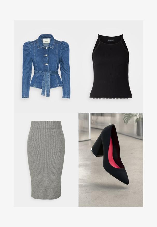 Traper jakna s pojasom u struku, prilagođenim tijelom i nabranim ramenima. Srednje plava boja, strukturirani dizajn i prednje kopčanje na tipke.; Crna ženska majica bez rukava s rebrastim uzorkom i čipkastim obrubom na donjem dijelu. Ima tanke naramenice i prilagođen dizajn. Izrađena od rastezljivog materijala.; Siva rebrasta pletena olovka suknja s uskim siluetom, koja ima elastičnu struk i mekanu teksturu. Suknja srednje dužine.; Crna visoka potpetica s oštrim vrhom, teksturiranom površinom i živopisnom ružičastom unutrašnjošću. Ima masivnu potpeticu s srebrnim detaljem.