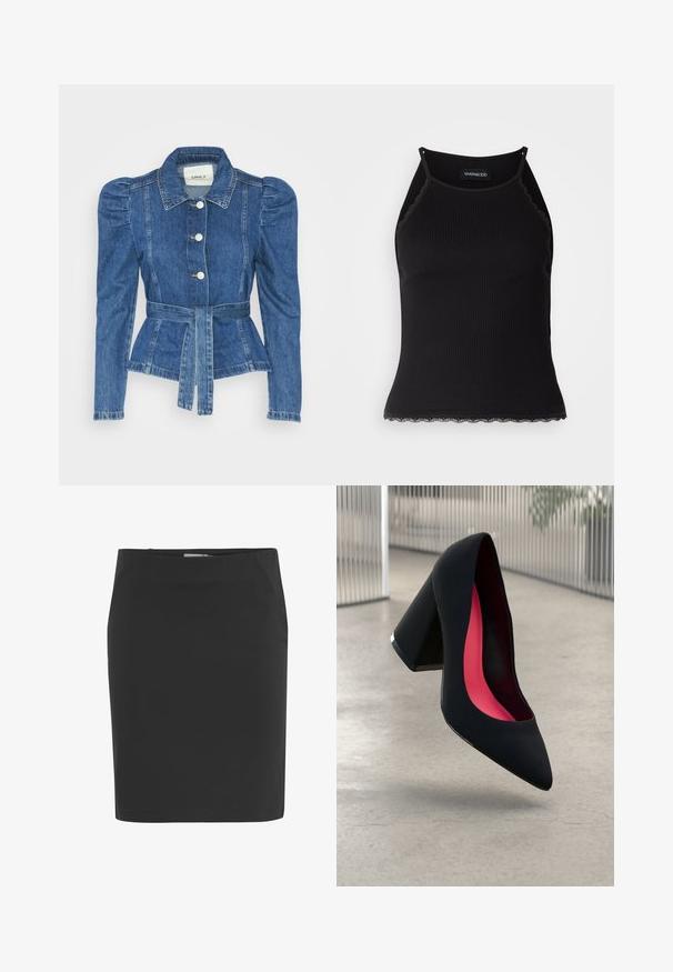 Veste en denim avec une taille ceinturée, un buste ajusté et des épaules bouffantes. Couleur bleu moyen, design structuré et fermetures à boutons sur le devant.; Débardeur noir à côtes avec une bordure en dentelle festonnée à l'ourlet. Présente des bretelles fines et une coupe ajustée. Fabriqué en tissu extensible.; Jupe crayon noire en tissu lisse, présentant une silhouette ajustée avec une taille, et une coupe au genou. Pas de motifs ni d'accents visibles.; Chaussure à talon haut noire avec un bout pointu et une tige texturée. Intérieur avec une doublure rose vif. Talon carré avec un accent métallique à la base.
