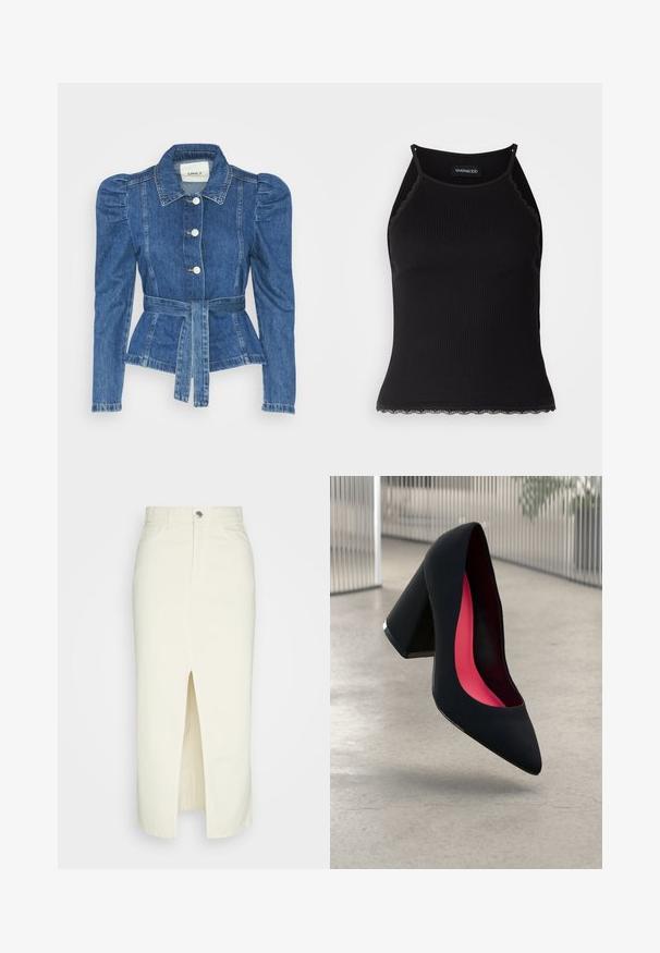Veste en denim avec une taille ceinturée, un buste ajusté et des épaules bouffantes. Couleur bleu moyen, design structuré et fermetures à boutons sur le devant.; Débardeur noir à côtes avec une bordure en dentelle festonnée à l'ourlet. Présente des bretelles fines et une coupe ajustée. Fabriqué en tissu extensible.; Jupe midi en denim blanc avec une fente avant, design à cinq poches et fermeture à bouton en métal. Texture lisse, taille haute, silhouette droite.; Chaussure à talon noir avec un bout pointu, surface texturée et un intérieur rose vif. Dotée d'un talon épais avec un accent en argent.