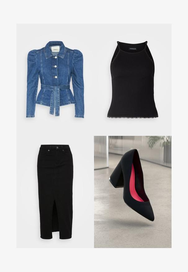 Riposso takki, jossa on vyöllinen vyötärö, istuva vartalo ja puffatut olkapäät. Keskisininen väri, rakenteellinen muotoilu ja etupainetut napit.; Mustan ribbitoppi, jonka helman reunassa on aaltoileva pitsi. Ominaisuuksina ohuet hihnat ja tiukka malli. Valmistettu joustavasta kankaasta.; Musta denim-mekko, jossa on etuaukko, korkea vyötärö, napitussulku ja viisi taskua. Liukas rakenne ja klassinen leikkaus.; Musta korkokenkä, jossa on terävä kärki, teksturoitu pinta ja kirkkaan vaaleanpunainen sisus. Varustettu tukevalla kannalla, jossa on hopeinen yksityiskohta.